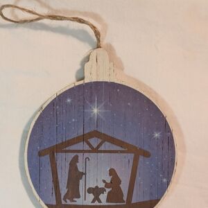 Nativity Scene Wooden Ornament - Blue and Brown